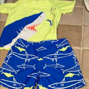 SHEIN Neon Yellow & Blue Shark Kids Rashguard Set